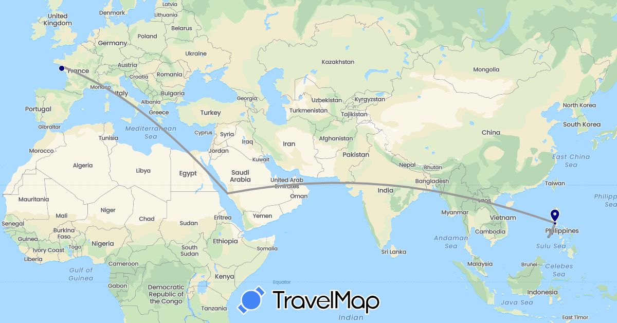 TravelMap itinerary: driving, plane, hiking, boat, motorbike in France, Italy, Philippines, Saudi Arabia (Asia, Europe)